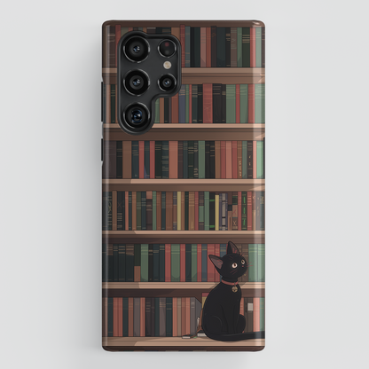 Kawaii Black Cat on Bookshelf Design Samsung Phone Case