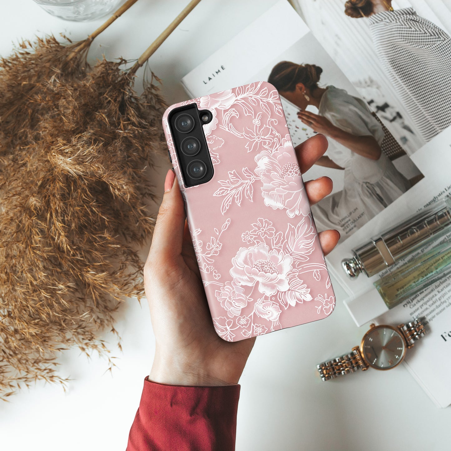 Retro Pink Floral Lace Design Case for Galaxy S series Phones