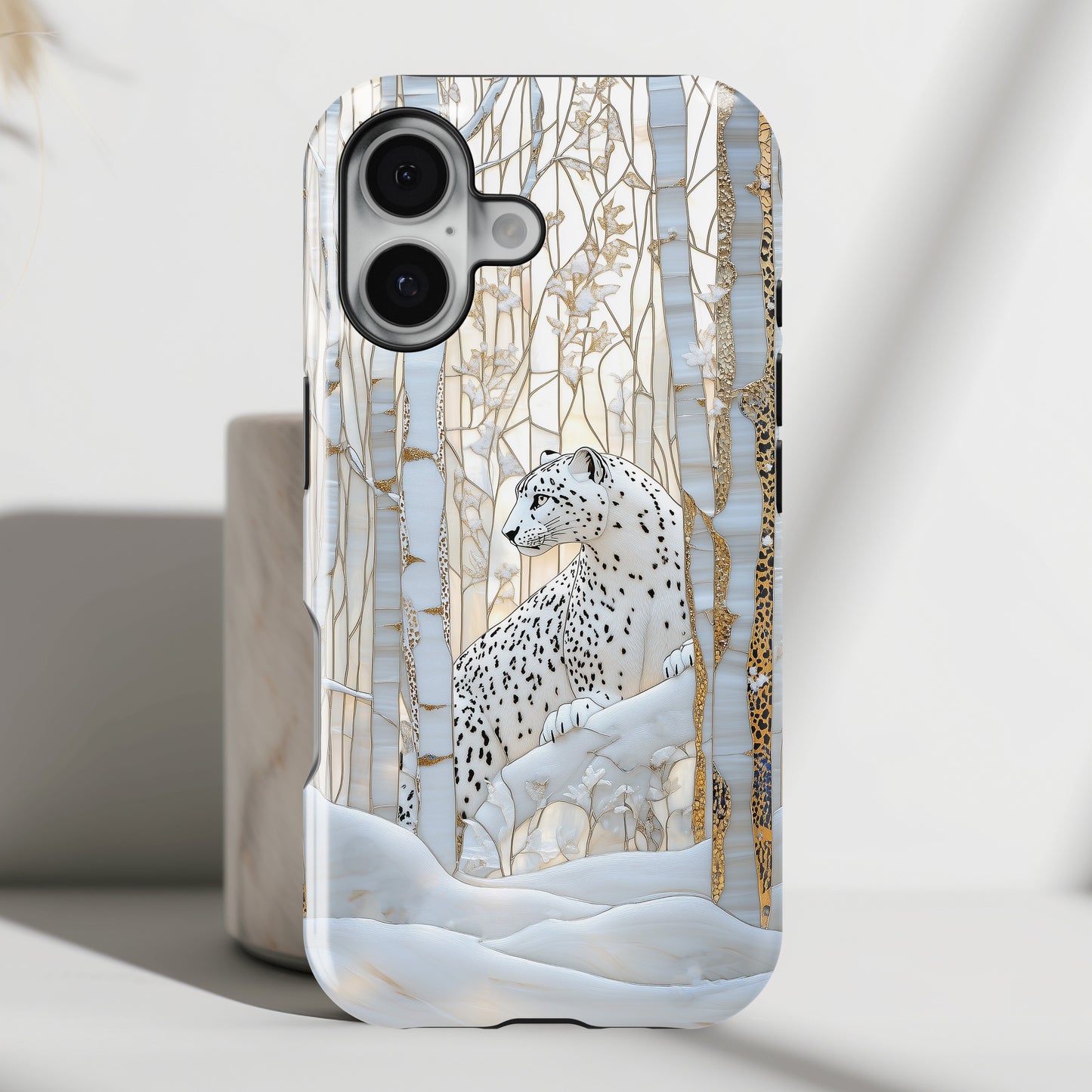 Snow Leopard in Winter Forest Design 1 iPhone Case