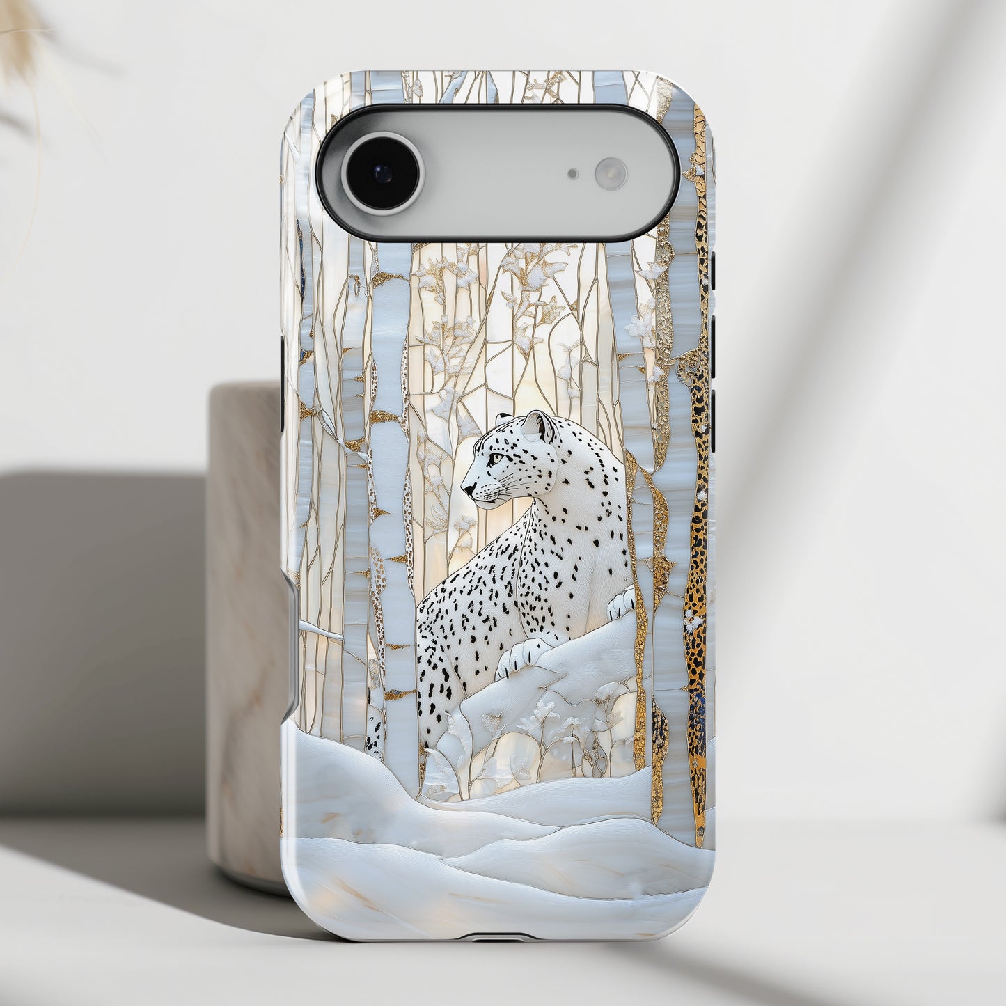 Snow Leopard in Winter Forest Design 1 iPhone Case