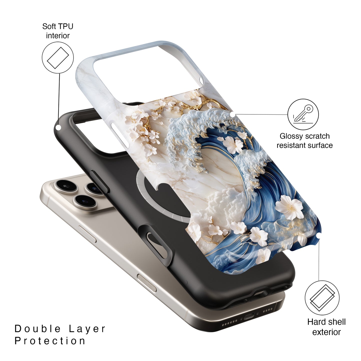 The Great Wave Floral Marble Theme Design 2 iPhone Case